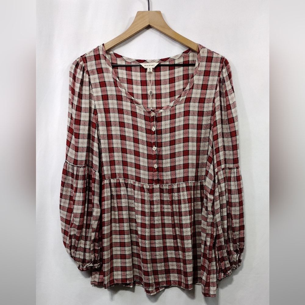 NWT Max Studio Plaid Peasant Babydoll Top Women's M Red White Boho Retro 90s Y2K